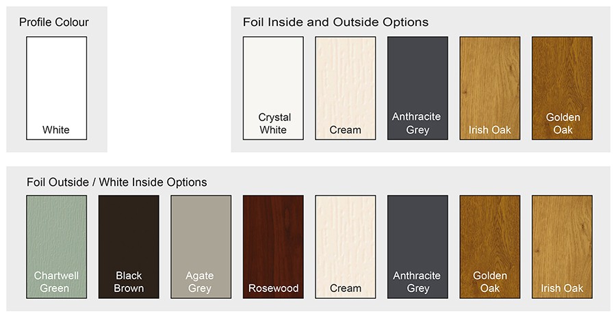 White and Cream solid PVC-U profile colour options. Natural wood effect with Crystal White, Cream, Golden Oak and Irish Oak foils applied outside and inside surfaces.  Dual colour options. Supplied by CozyGlaze Ireland